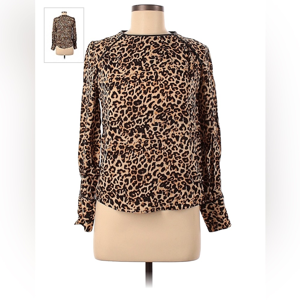 Zara Leopard Blouse with Faux Leather Trimming